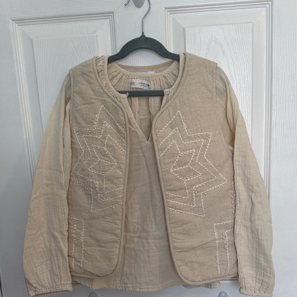 Zara cotton boho top + beaded & embroidered vest (set)
